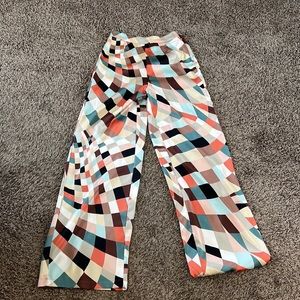 silk pants, wide bottom, colorful, 70's style